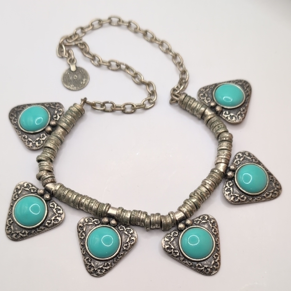 Silver and Blue Necklace with Teardrop Pendants and Vintage Design
